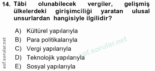 14. soru: Tâbi olunabilecek vergiler, gelişmiş ülkelerdeki girişimciliği yaratan ulusal unsurlardan hangisiyle ilgilidir? A) Kü…