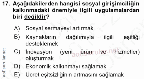 17. soru: Aşağıdakilerden hangisi sosyal girişimciliğin kalkınmadaki önemiyle ilgili uygulamalardan biri değildir? A) Sosyal se…