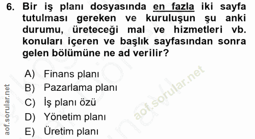 6. soru: Bir iş planı dosyasında en fazla iki sayfa tutulması gereken ve kuruluşun şu anki durumu, üreteceği mal ve hizmetleri…