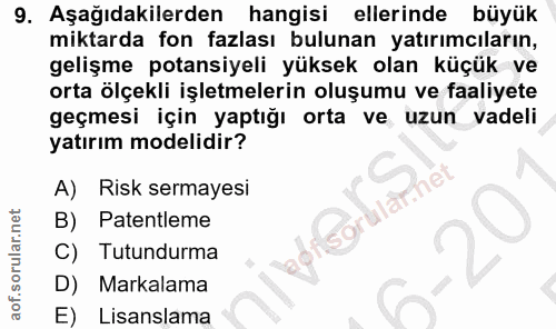 9. soru: Aşağıdakilerden hangisi ellerinde büyük miktarda fon fazlası bulunan yatırımcıların, gelişme potansiyeli yüksek olan…
