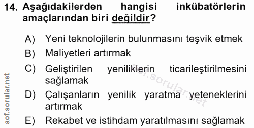 14. soru: Aşağıdakilerden hangisi inkübatörlerin amaçlarından biri değildir? A) Yeni teknolojilerin bulunmasını teşvik etmek B)…