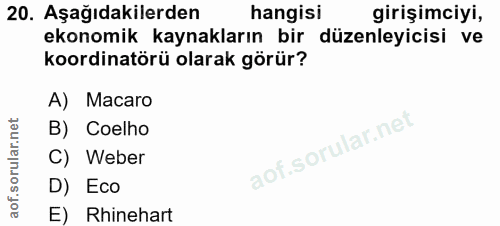 20. soru: Aşağıdakilerden hangisi girişimciyi, ekonomik kaynakların bir düzenleyicisi ve koordinatörü olarak görür? A) Macaro B…