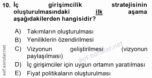 10. soru: Ig girişimcilik stratejisinin oluşturulmasındaki ilk aşama aşağıdakilerden hangisidir? A) Takımların oluşturulması B)…