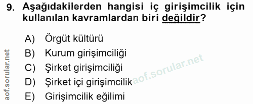 9. soru: Aşağıdakilerden hangisi iç girişimcilik için kullanılan kavramlardan biri değildir? A) Örgüt kültürü B) Kurum girişim…