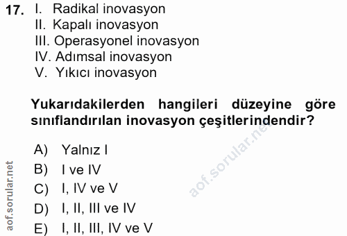17. soru: l. Radikal inovasyon II. Kapalı inovasyon IIl. Operasyonel inovasyon IV. Adımsal inovasyon V. Yıkıcı inovasyon Yukarı…