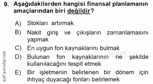 9. soru: Aşağıdakilerden hangisi finansal planlamanın amaçlarından biri değildir? A) Stokları artırmak B) Nakit giriş ve çıkış…