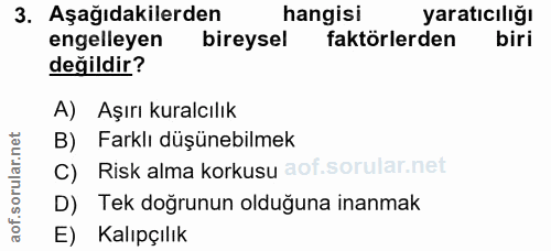 3. soru: Aşağıdakilerden hangisi yaratıcılığı engelleyen bireysel faktörlerden biri değildir? A) Aşırı kuralcılık B) Farklı dü…