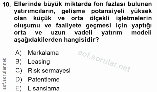 10. soru: Ellerinde büyük miktarda fon fazlası bulunan yatırımcıların, gelişme potansiyeli yüksek olan küçük ve orta ölçekli iş…