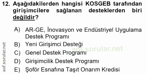12. soru: Aşağıdakilerden hangisi KOSGEB tarafından girişimcilere sağlanan desteklerden biri değildir? A) AR-GE, İnovasyon ve E…
