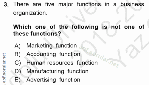 3. soru: There are five major functions in a business organization. Which one of the following is not one of these functions?…