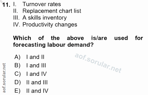 11. soru: I. Turnover rates Il. Replacement chart list III. A skills inventory IV. Productivity changes Which of the above is/a…