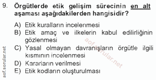 9. soru: Örgütlerde etik gelişim sürecinin en alt aşaması aşağıdakilerden hangisidir? A) Etik kuralların incelenmesi B) Etik a…