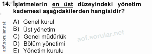 14. soru: İşletmelerin en üst düzeyindeki yönetim kademesi aşağıdakilerden hangisidir? A) Genel kurul B) Üst yönetim C) Genel m…
