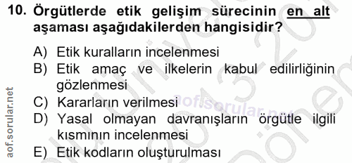 10. soru: Örgütlerde etik gelişim sürecinin en alt aşaması aşağıdakilerden hangisidir? A) Etik kuralların incelenmesi B) Etik a…