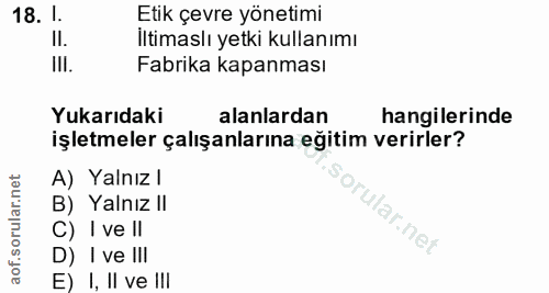 18. soru: 1. Etik çevre yönetimi II. İltimaslı yetki kullanımı III. Fabrika kapanması Yukarıdaki alanlardan hangilerinde işletm…