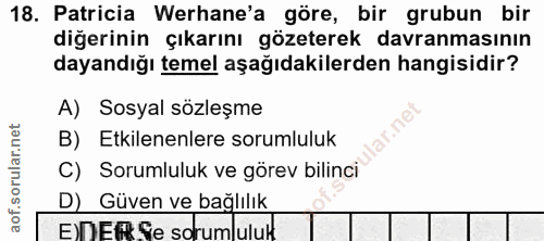 18. soru: Patricia Werhane'a göre, bir grubun bir diğerinin çıkarını gözeterek davranmasının dayandığı temel aşağıdakilerden ha…