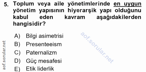 5. soru: Toplum veya aile yönetimlerinde en uygun yönetim yapısının hiyerarşik yapı olduğunu kabul eden kavram aşağıdakilerden…
