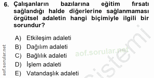 6. soru: Çalışanların bazılarına eğitim firsatı sağlandığı halde diğerlerine sağlanmaması örgütsel adaletin hangi biçimiyle il…