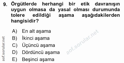 9. soru: Örgütlerde herhangi bir etik davranışın uygun olmasa da yasal olması durumunda tolere edildigi aşama aşağıdakilerden…