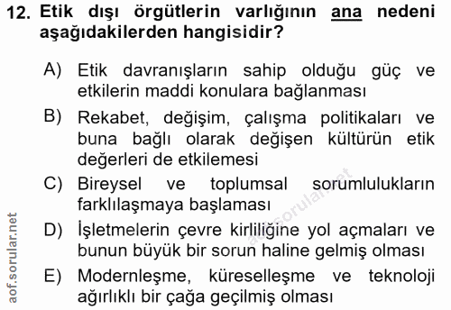 12. soru: Etik dışı örgütlerin varlığının ana nedeni aşağıdakilerden hangisidir? A) Etik davranışların sahip olduğu güç ve etki…