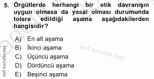 5. soru: Örgütlerde herhangi bir etik davranışın uygun olmasa da yasal olması durumunda tolere edildiği aşama aşağıdakilerden…