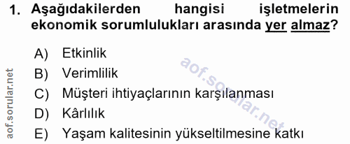 1. soru: Aşağıdakilerden hangisi işletmelerin ekonomik sorumlulukları arasında yer almaz? A) Etkinlik B) Verimlilik C) Müşteri…