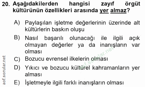 20. soru: Aşağıdakilerden hangisi zayıf örgüt kültürünün özellikleri arasında yer almaz? A) Paylaşılan işletme değerlerinin üze…