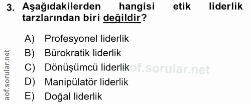 3. soru: Aşağıdakilerden hangisi etik liderlik tarzlarından biri değildir? A) Profesyonel liderlik B) Bürokratik liderlik C) D…