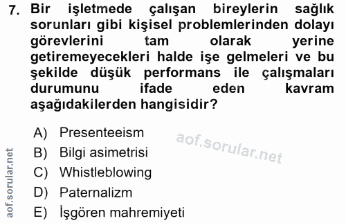 7. soru: Bir işletmede çalışan bireylerin sağlık sorunları gibi kişisel problemlerinden dolayı görevlerini tam olarak yerine g…