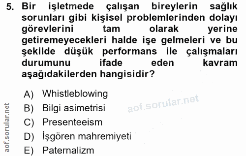 5. soru: Bir işletmede çalışan bireylerin sağlık sorunları gibi kişisel problemlerinden dolayı görevlerini tam olarak yerine g…
