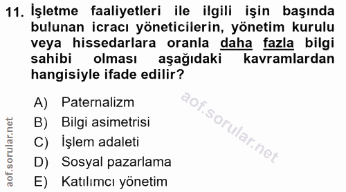 11. soru: İşletme faaliyetleri ile ilgili işin başında bulunan icracı yöneticilerin, yönetim kurulu veya hissedarlara oranla da…