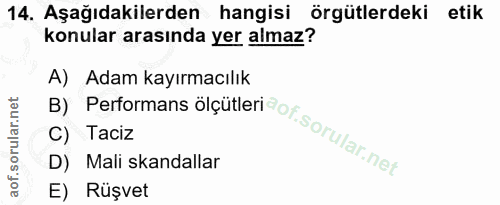 14. soru: Aşağıdakilerden hangisi örgütlerdeki etik konular arasında yer almaz? A) Adam kayırmacılık C) Taciz B) Performans ölç…