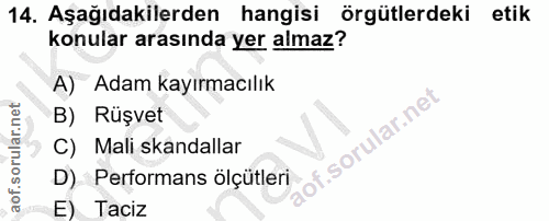 14. soru: Aşağıdakilerden hangisi örgütlerdeki etik konular arasında yer almaz? A) Adam kayırmacılık B) Rüşvet i. C) Mali skand…