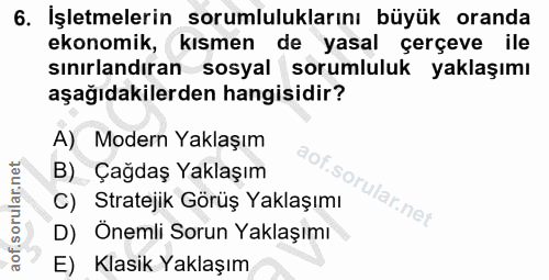 6. soru: İşletmelerin sorumluluklarını büyük oranda ekonomik, kısmen de yasal çerçeve ile sınırlandıran sosyal sorumluluk yakl…