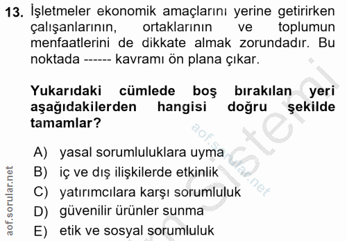 13. soru: İşletmeler ekonomik amaçlarını yerine getirirken çalışanlarının, ortaklarının ve toplumun menfaatlerini de dikkate al…