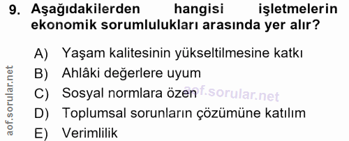 9. soru: Aşağıdakilerden hangisi işletmelerin ekonomik sorumlulukları arasında yer alır? A) Yaşam kalitesinin yükseltilmesine…