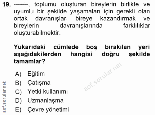 19. soru: --, toplumu oluşturan bireylerin birlikte ve uyumlu bir şekilde yaşamaları için gerekli olan ortak davranışları birey…