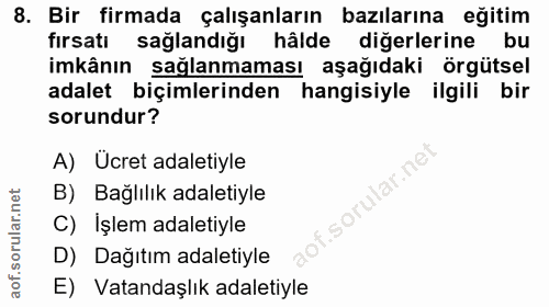 8. soru: Bir firmada çalışanların bazılarına eğitim fırsatı sağlandığı hâlde diğerlerine bu imkânın sağlanmaması aşağıdaki örg…