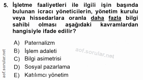 5. soru: İşletme faaliyetleri ile ilgili işin başında bulunan icracı yöneticilerin, yönetim kurulu veya hissedarlara oranla da…