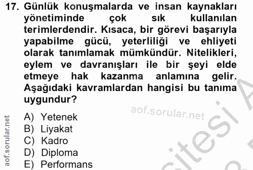 17. soru: Günlük konuşmalarda ve insan kaynakları yönetiminde çok sık kullanılan terimlerdendir. Kısaca, bir görevi başarıyla y…