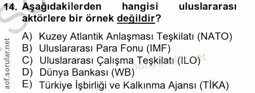 14. soru: Aşağıdakilerden hangisi uluslararası aktörlere bir örnek değildir? A) Kuzey Atlantik Anlaşması Teşkilatı (NATO) B) Ul…