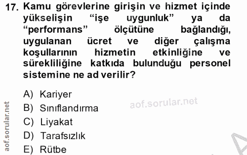 17. soru: Kamu görevlerine girişin ve hizmet içinde yükselişin "işe uygunluk" ya da "performans" ölçütüne baglandigı, ıygulanan…