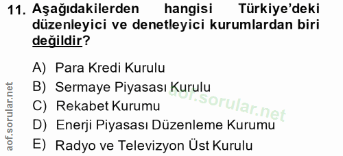 11. soru: Aşağıdakilerden hangisi Türkiye'deki düzenleyici ve denetleyici kurumlardan biri değildir? A) Para Kredi Kurulu B) Se…