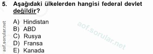 5. soru: Aşağıdaki ülkelerden hangisi federal devlet değildir? A) Hindistan B) ABD C) Rusya D) Fransa E) Kanada