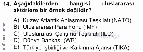 14. soru: Aşağıdakilerden hangisi uluslararası aktörlere bir örnek değildir? A) Kuzey Atlantik Anlaşması Teşkilatı (NATO) B) Ul…
