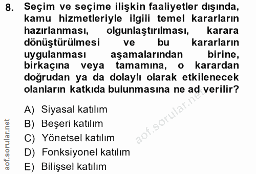 8. soru: Seçim ve seçime ilişkin faaliyetler dışında, kamu hizmetleriyle ilgili temel kararların hazırlanması, olgunlaştirılma…