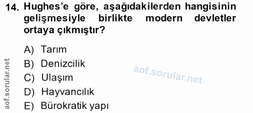 14. soru: Hughes'e göre, aşağıdakilerden hangisinin gelişmesiyle birlikte modern devletler ortaya çıkmıştır? A) Tarım B) Denizc…