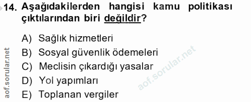 14. soru: Aşağıdakilerden hangisi kamu politikası çıktılarından biri değildir? A) Sağlık hizmetleri B) Sosyal güvenlik ödemeler…