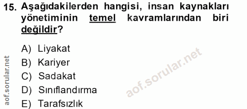 15. soru: Aşağıdakilerden hangisi, insan kaynakları yönetiminin temel kavramlarından biri değildir? A) Liyakat B) Kariyer C) Sa…