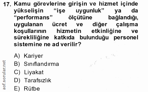 17. soru: Kamu görevlerine girişin ve hizmet içinde yükselişin "işe uygunluk" ya da "performans" ölçütüne baglandiğı, lygulanan…